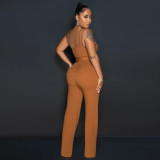 Fashion solid color Slim fit one shoulder wide leg jumpsuit