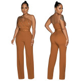 Fashion solid color Slim fit one shoulder wide leg jumpsuit