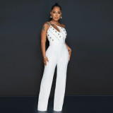 Fashion solid color Slim fit one shoulder wide leg jumpsuit