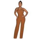Fashion solid color Slim fit one shoulder wide leg jumpsuit