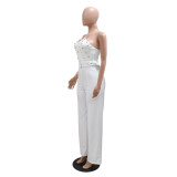 Fashion solid color Slim fit one shoulder wide leg jumpsuit
