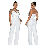 Fashion solid color Slim fit one shoulder wide leg jumpsuit