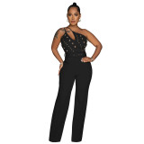 Fashion solid color Slim fit one shoulder wide leg jumpsuit