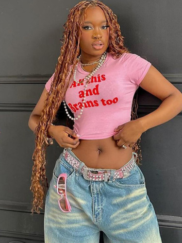 Y2K letter pink short-sleeved T-shirt for women