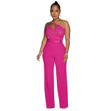 Fashion solid color Slim fit one shoulder wide leg jumpsuit