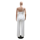 Fashion solid color Slim fit one shoulder wide leg jumpsuit