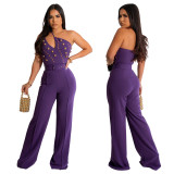 Fashion solid color Slim fit one shoulder wide leg jumpsuit