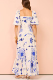 Casual square neckline printed lantern sleeves slim fit wide swing linen dress