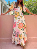 Casual square neckline printed lantern sleeves slim fit wide swing linen dress
