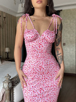 Summer slim high waist V-neck small floral dress sling fishtail dress