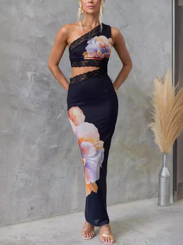 One-shoulder printed lace patch slim sexy dress