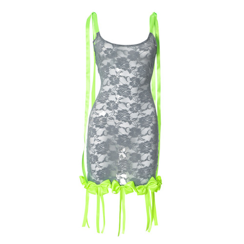 Summer color matching ribbon rose lace stitching sleeveless suspender dress