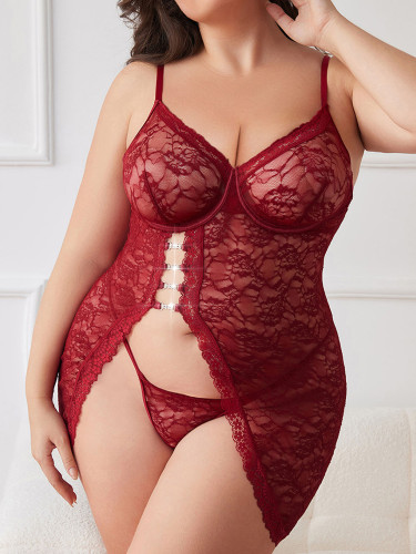 Large size sexy lace transparent fashion suit sling slit dress pajamas sexy lingerie two-piece set