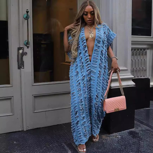 Women's loose denim jumpsuit sexy deep V ripped wide-leg jumpsuit