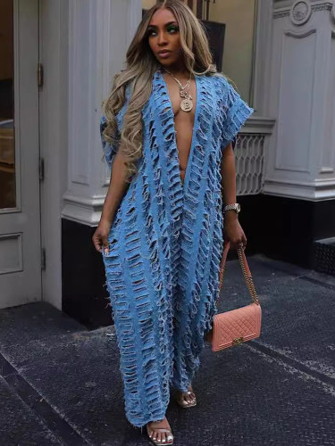 Women's loose denim jumpsuit sexy deep V ripped wide-leg jumpsuit