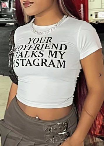 Summer round neck pullover short sleeve letter print crop top T-shirt