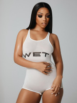 Summer sexy micro-transparent letter print tight jumpsuit shorts