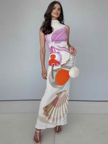 Summer Printed Half Turtleneck Slim Maxi Sleeveless Dress