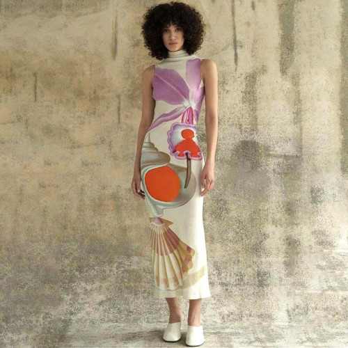 Summer Printed Half Turtleneck Slim Maxi Sleeveless Dress
