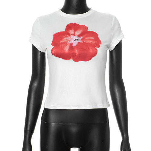 Summer street fashion print round neck short sleeve cropped T-shirt