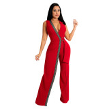 Summer deep v slim simple jumpsuit with belt
