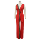 Summer deep v slim simple jumpsuit with belt