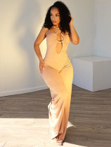 Summer backless sleeveless hollow metal decoration jumpsuit