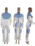 Autumn striped color matching long-sleeved shirt trousers suit