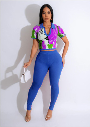 Autumn printed ribbed top trousers set