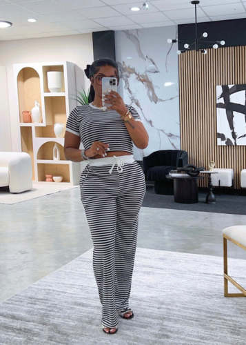 Summer striped print two piece pants suit