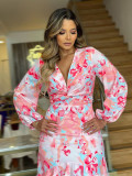 Women's V-neck slim fit long dress bubble long sleeve irregular ruffle dress