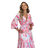 Women's V-neck slim fit long dress bubble long sleeve irregular ruffle dress