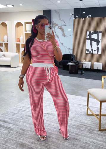 Summer striped print two piece pants suit