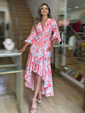 Women's V-neck slim fit long dress bubble long sleeve irregular ruffle dress