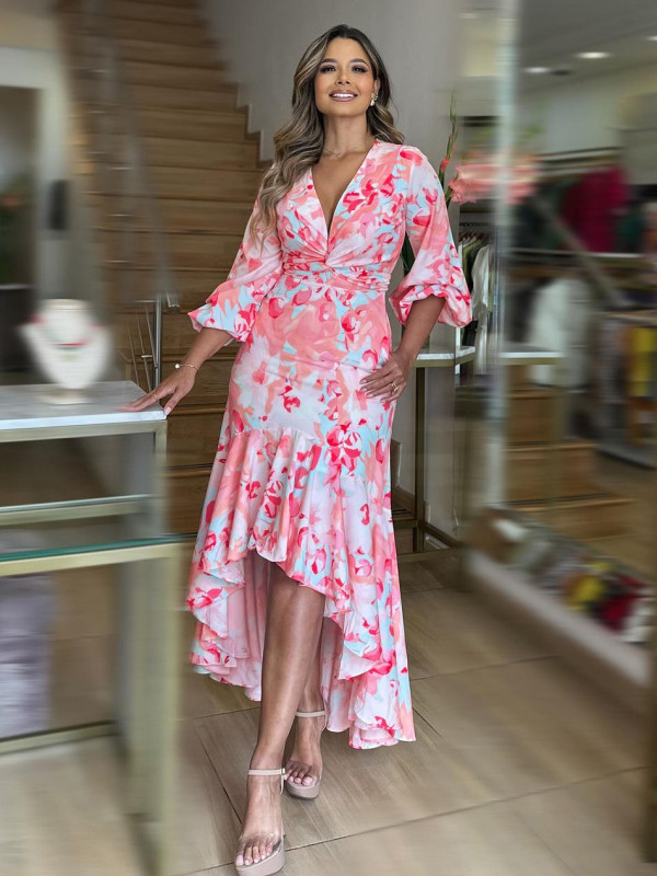 Women's V-neck slim fit long dress bubble long sleeve irregular ruffle dress