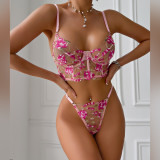 Women's Sexy Bra Set Mesh Transparent Pink Flower Embroidery Wire Ring Fishbone Underwear Set