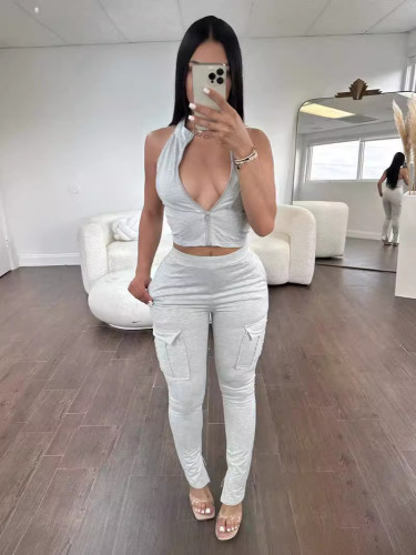 Summer leisure sports tight zipper top trousers set