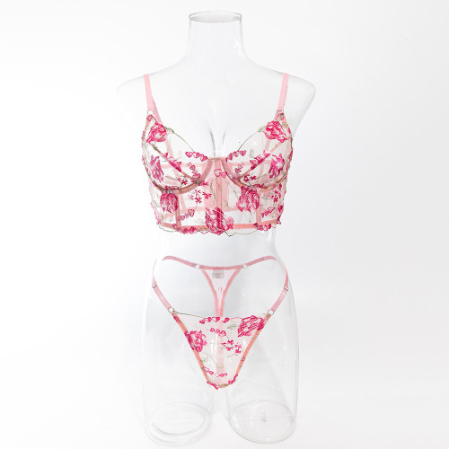 Women's Sexy Bra Set Mesh Transparent Pink Flower Embroidery Wire Ring Fishbone Underwear Set
