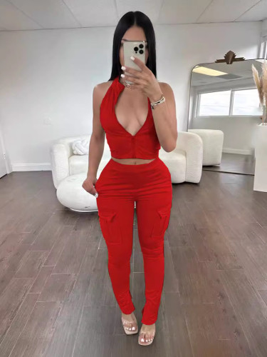 Summer leisure sports tight zipper top trousers set