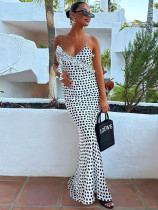 Summer Satin Polka Dot Printed Backless Maxi Dress Sexy Slim Dress