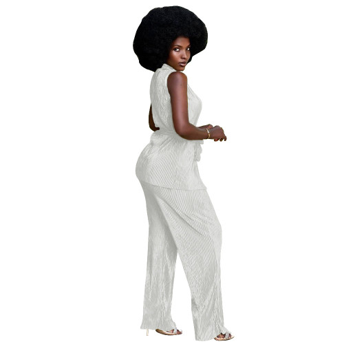 Summer sleeveless pleated casual pants suit