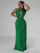 Summer sexy backless solid color pleated evening dress
