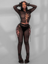 Summer women's sexy see-through mesh tops trousers set