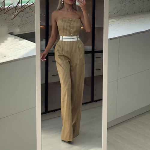 Strapless high waist striped wide leg jumpsuit