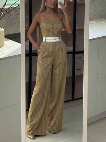 Strapless high waist striped wide leg jumpsuit