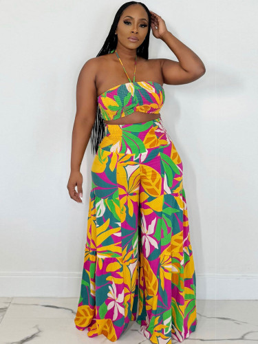 Summer women's tropical clothing printed wide-leg pants two-piece set