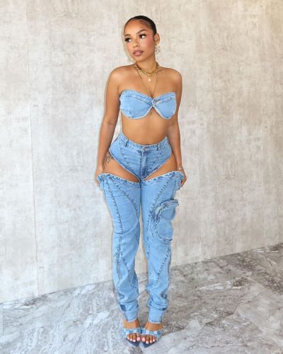 Summer women's stretch denim bra pants set