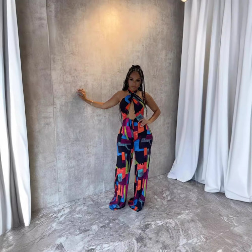 Summer women's sexy print cross halter neck backless stretch slim jumpsuit