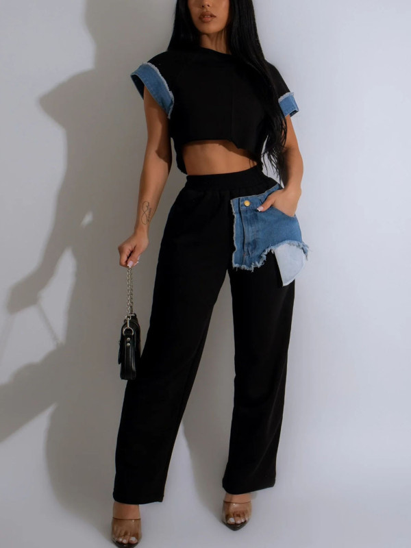 Summer women's patchwork short-sleeved crop top matching trousers set