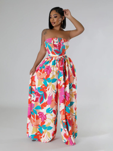 Summer women's print strapless wide legges jumpsuit